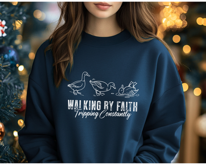 Walking by Faith Sweatshirt – Funny Christian Sweater