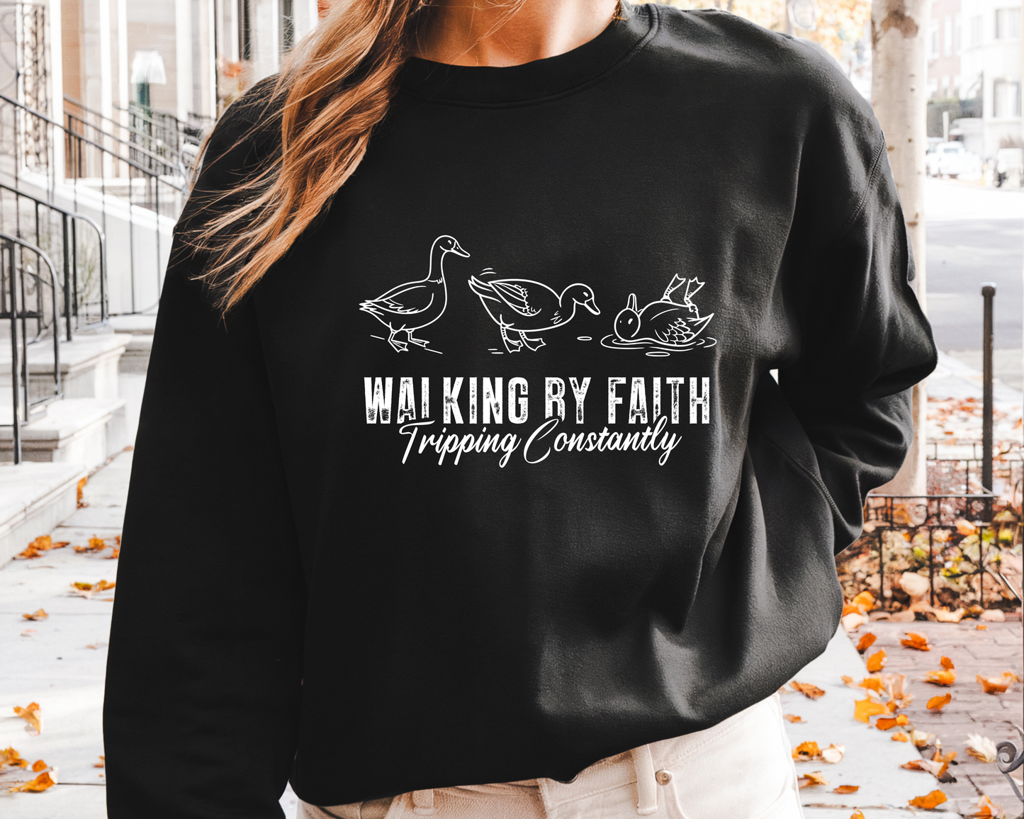 Walking by Faith Sweatshirt – Funny Christian Sweater
